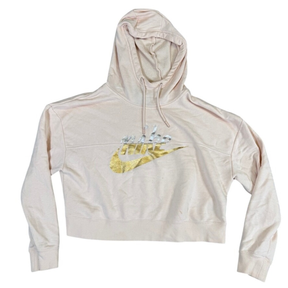 Nike Cropped Hoodie Peach Pink Metallic Gold Silver Logo Sweatshirt Womens S